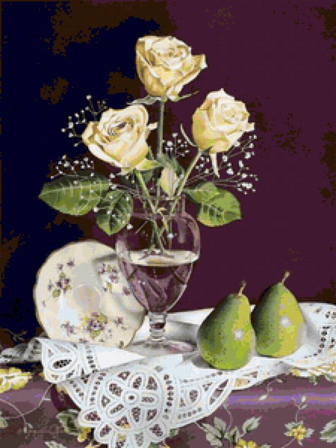 розы - букет, натюрморт, цветы, живопись, розы, фрукты - предпросмотр