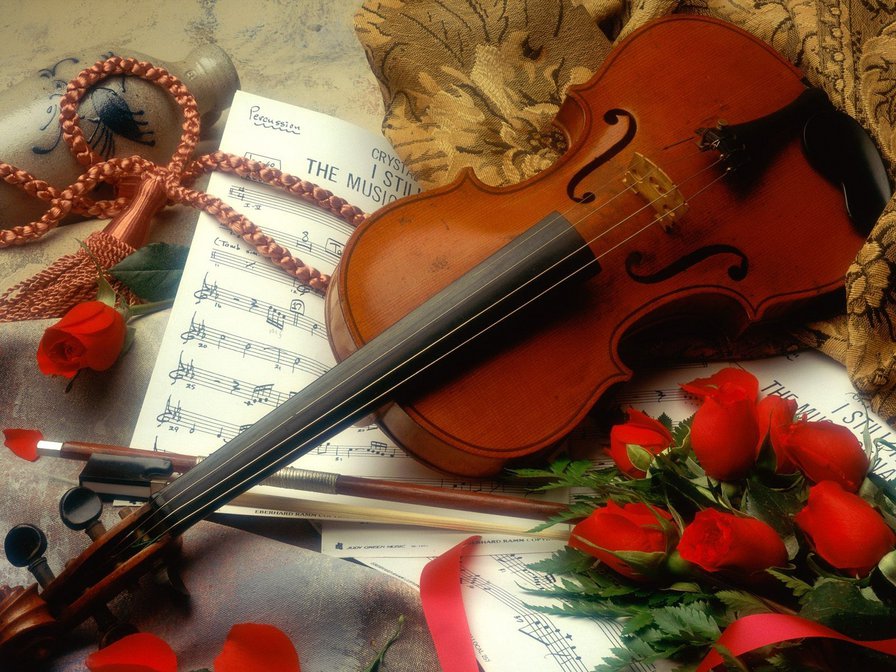Музыка - цветы, музыкальные инструменты, натюрморт - оригинал