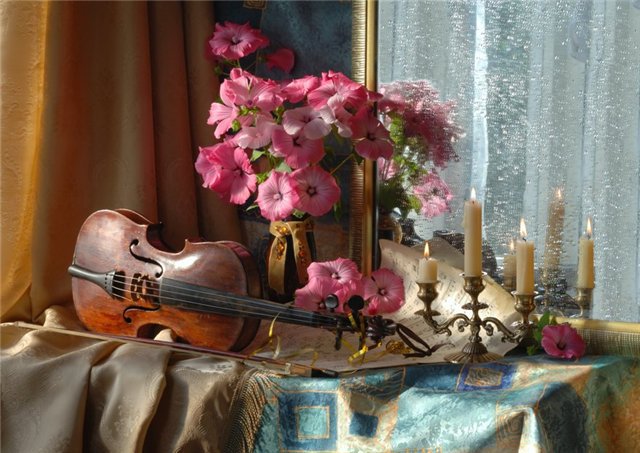 Музыкальный натюрморт - цветы, музыка, музыкальные инструменты, картина - оригинал