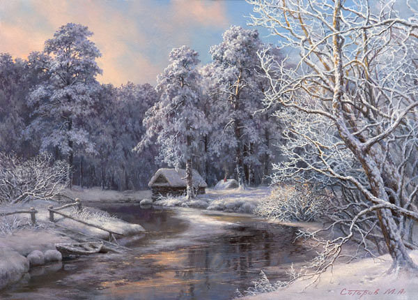 Рождество М. Сатаров - избушка, рождество, зима, снег, река, дом, домик - оригинал
