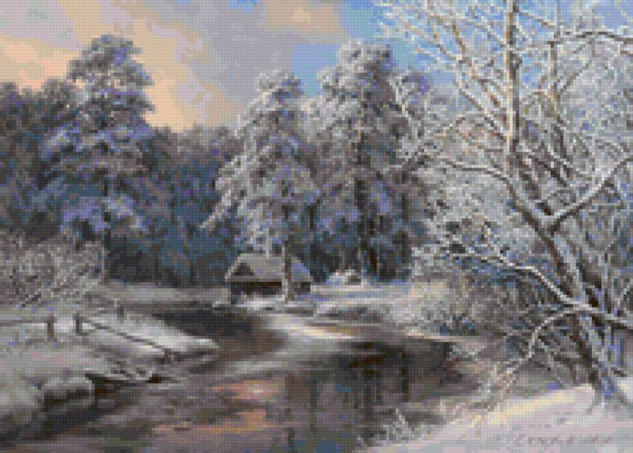 Рождество М. Сатаров - снег, избушка, река, зима, рождество, домик, дом - предпросмотр