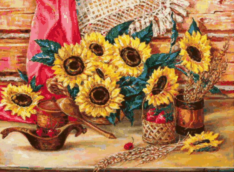 Натюрморт с подсолнухами - натюрморт, полевые цветы, подсолнухи, подсолнух, цветы - предпросмотр