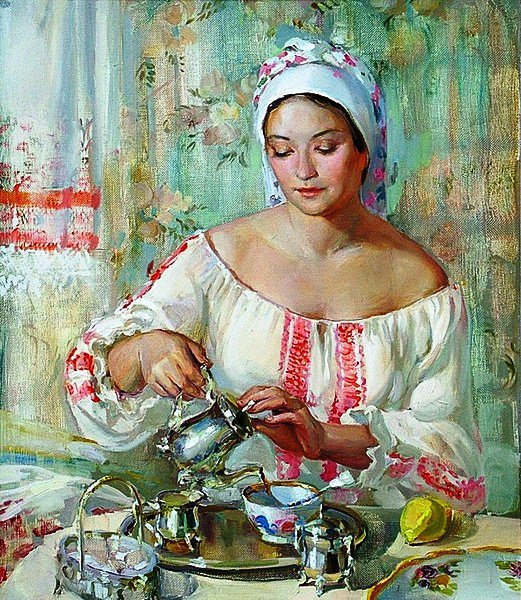 Чаепитие - искусство, чай, женщина, картина, посуда, живопись, девушка - оригинал