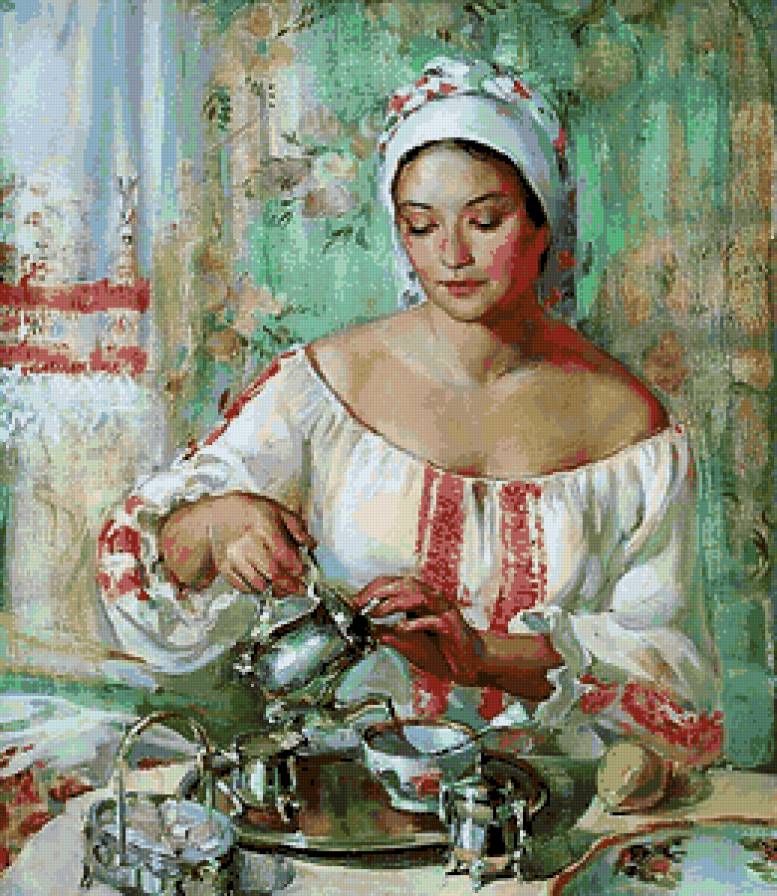 Чаепитие - живопись, чай, картина, девушка, женщина, посуда, искусство - предпросмотр