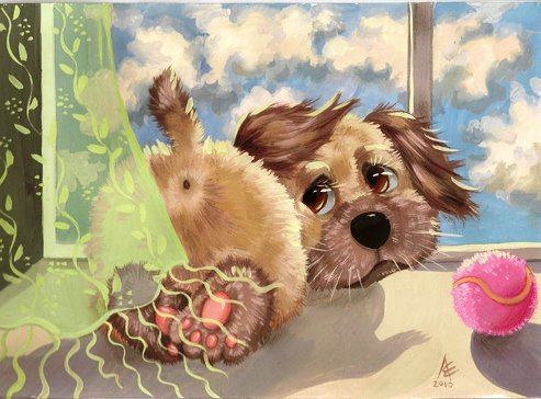 Забавный щенок - малыши, иллюстрации, собака, окно, собаки, щенок - оригинал