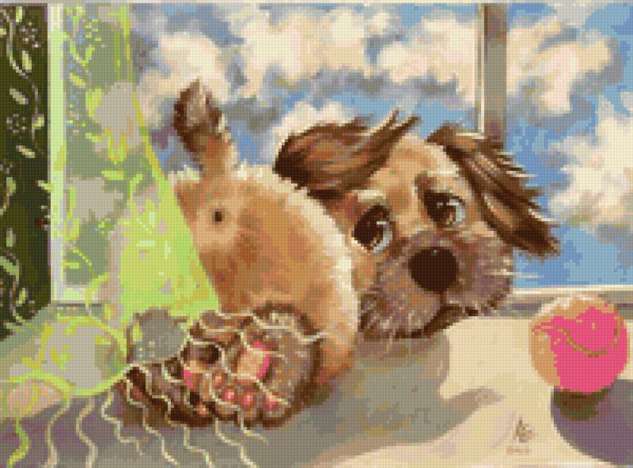 Забавный щенок - собаки, щенок, малыши, окно, иллюстрации, собака - предпросмотр