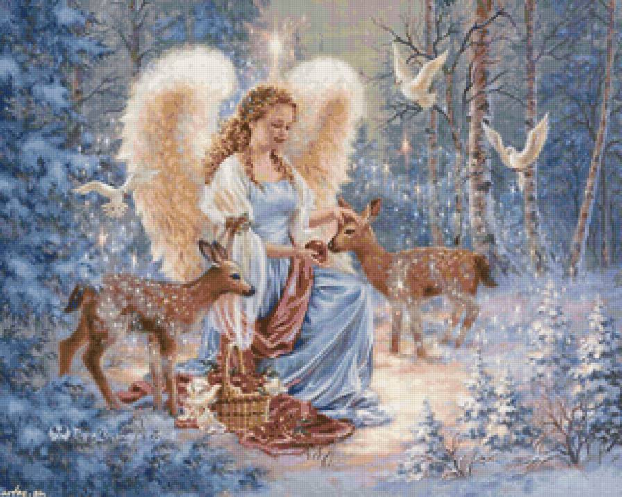 Девочка-ангелок - голуби, зима, рождество, дети, лес, олени, девочка, ангел - предпросмотр