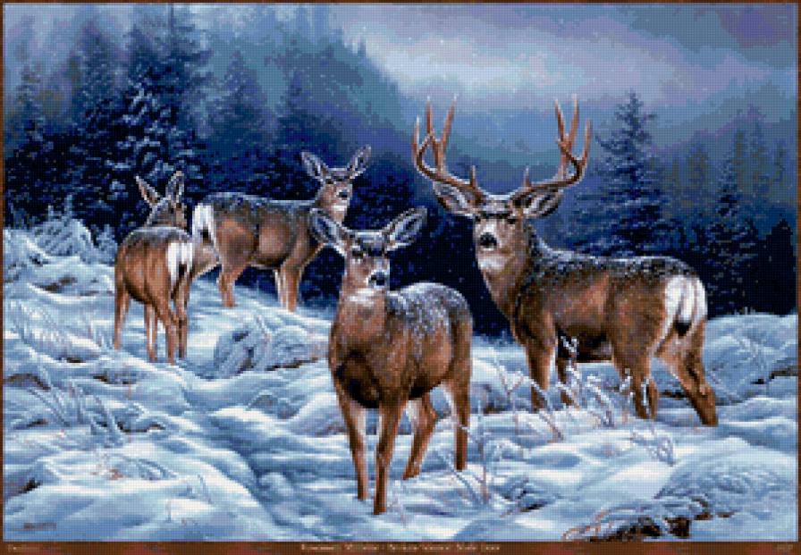 олени - животные, олень, природа, зима, картина, лес - предпросмотр