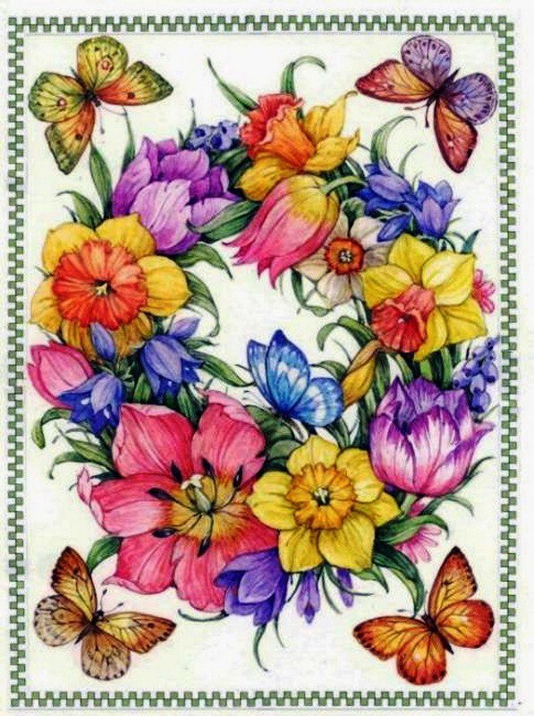 Цветы и бабочки - букет, бабочки, нарциссы, нарцисс, фрезии, бабочка, цветы - оригинал