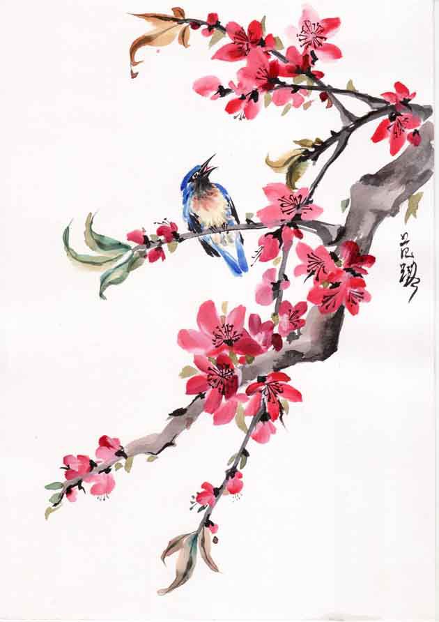 №59266 - подушка, сакура, цветы, рисунок, птицы - оригинал