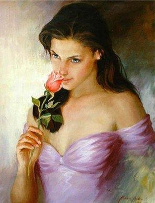 Девушка с розой - портрет, красота женщины, живопись, роза, картина, девушка - оригинал