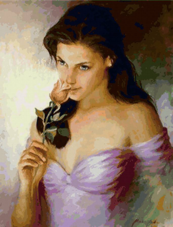 Девушка с розой - портрет, красота женщины, роза, живопись, девушка, картина - предпросмотр