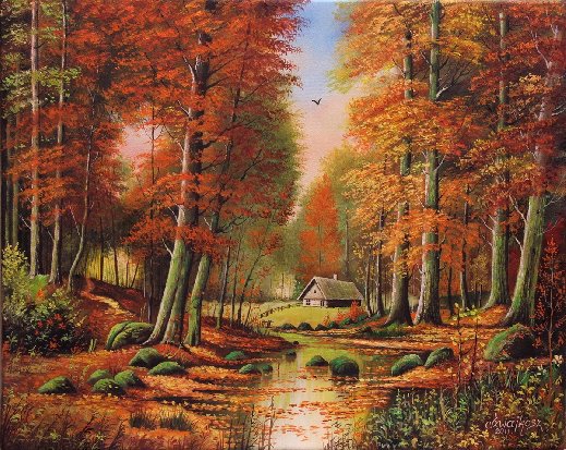Золотая осень - домик, река, осень, природа, пейзаж, красота природы, деревья - оригинал