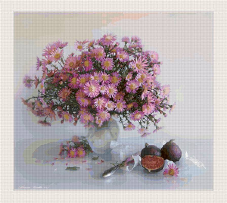 №60112 - натюрморт, цветы, букет, фрукты - предпросмотр