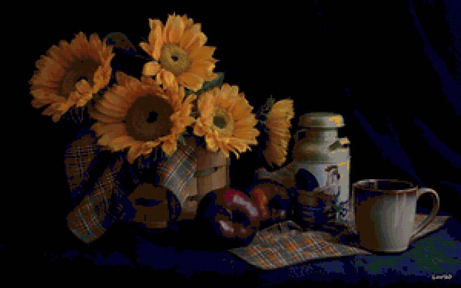 №60114 - натюрморт, фрукты, цветы, чашка, букет - предпросмотр