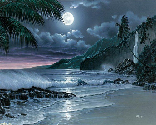 пейзаж - картина, природа, водопад, ночь, море - оригинал