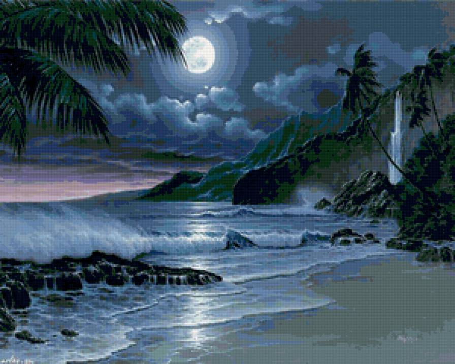 пейзаж - водопад, море, ночь, природа, картина - предпросмотр