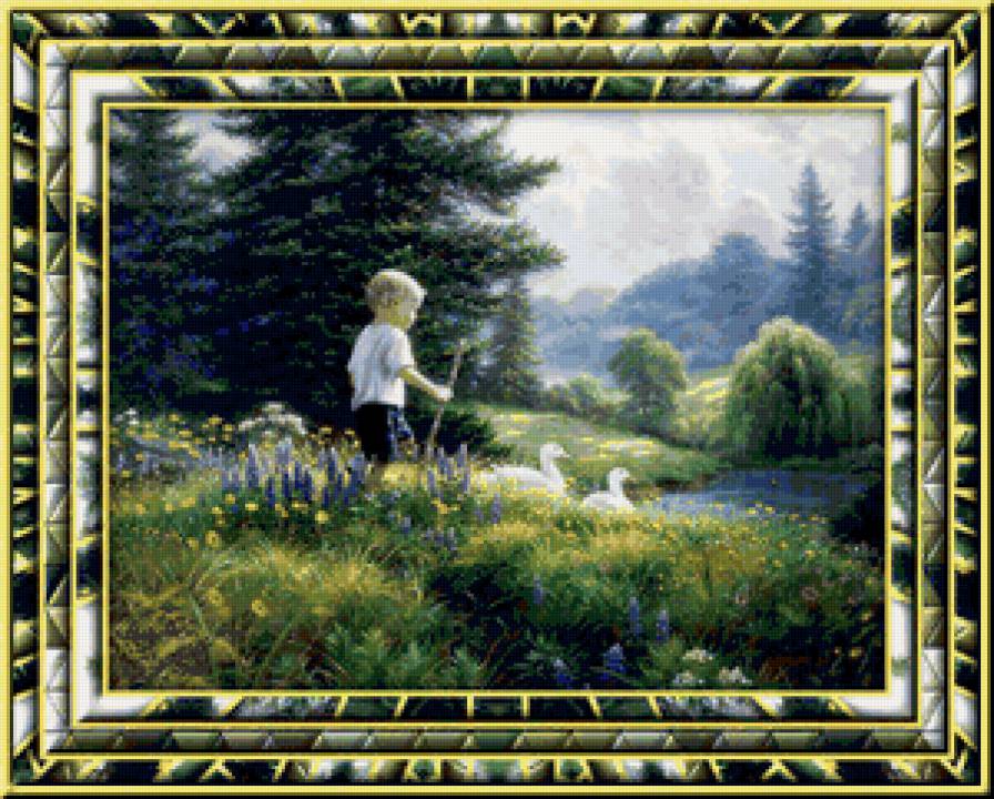 пастушок - дети, живопись, пейзаж, гуси, картина, мальчик, птицы - предпросмотр