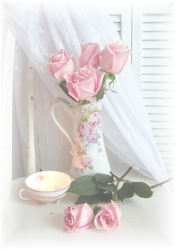 утренние розы - розы, чашка, натюрморт, букет, цветы - оригинал