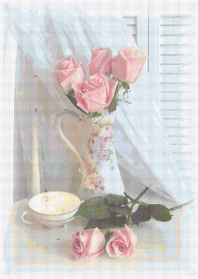 утренние розы - розы, цветы, чашка, натюрморт, букет - предпросмотр
