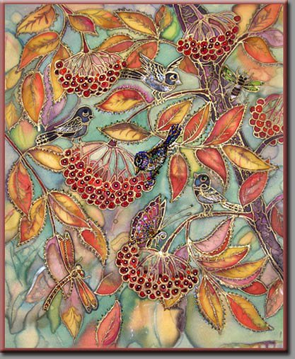 осеннее пиршество - картина, осень, птицы, насекомые, стрекозы, ягоды - оригинал