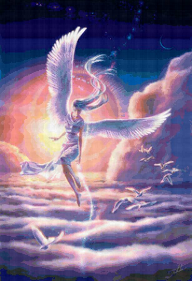 ангел - птицы, фэнтези, облака, девушка, ангел - предпросмотр