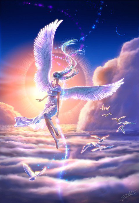 ангел - девушка, птицы, фэнтези, ангел, облака - оригинал
