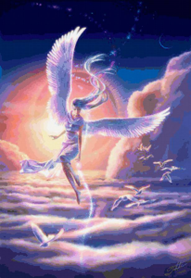 ангел - ангел, облака, девушка, фэнтези, птицы - предпросмотр