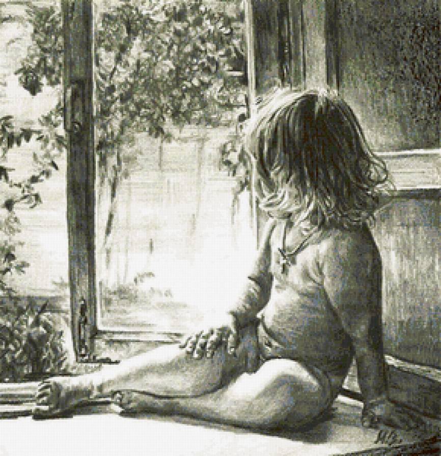 Девочка у окна - ребенок, черно-белое, окно - предпросмотр
