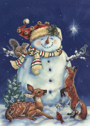 снеговичек - олень, картина, новый год, снеговик, волк, животные, лиса, зима - оригинал