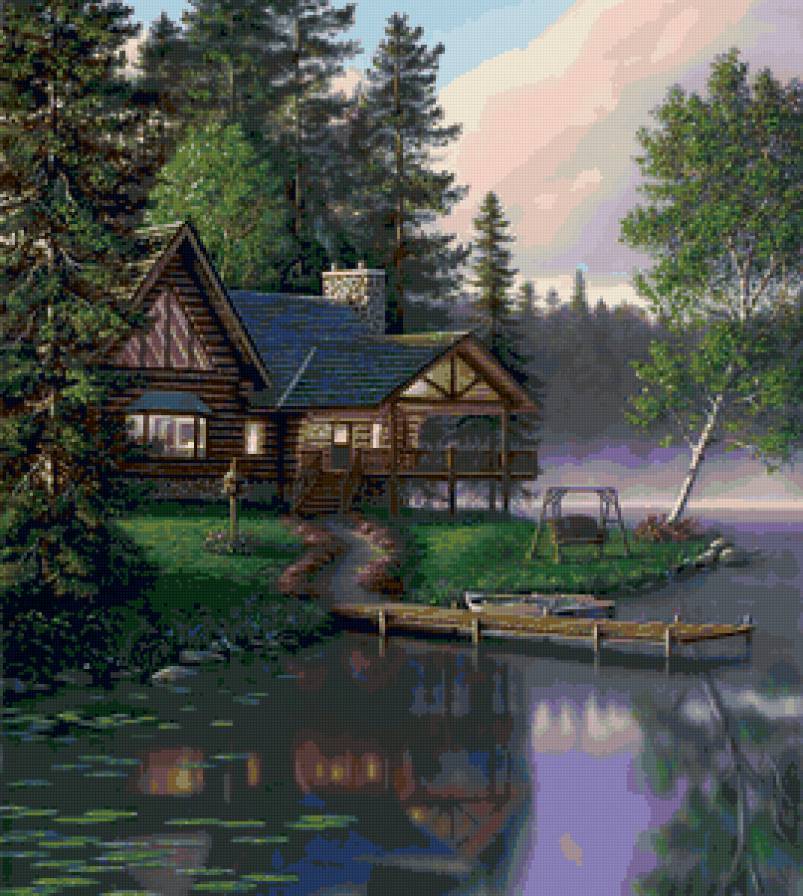 природа - лес, озеро, домик, картина, дом - предпросмотр