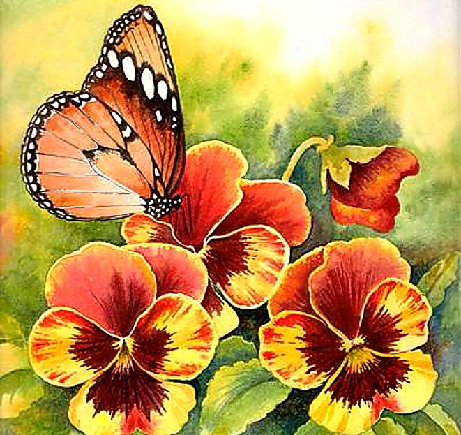 анютины глазки с бабочкой - подушка, бабочка, цветы - оригинал