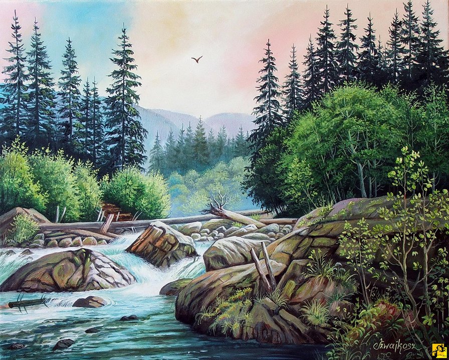 Горная река - пейзаж, горы, красота природы, природа, река, живопись, лес - оригинал