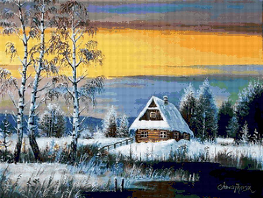 Зимний вечер - природа, зима, домики, снег, зимние домики, домик, зимний пейзаж - предпросмотр
