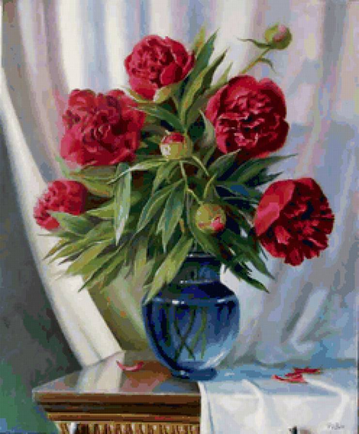 Пионы - цветы, ваза, натюрморт, букет, картина - предпросмотр