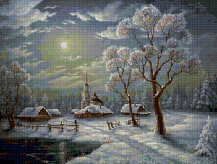 Зимняя ночь - пейзаж, луна, ночь, снег, природа, зима - предпросмотр