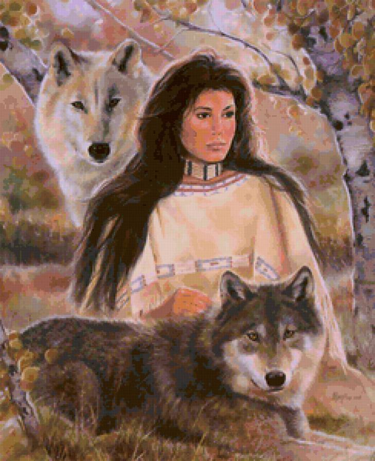девушка и волки - животные, лбраз, мотив, женщина, индейцы, девушки, индейка - предпросмотр