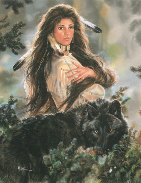 девушка и волк - картина, животные, образ, волки, женщина, индейцы, девушки, мотив - оригинал