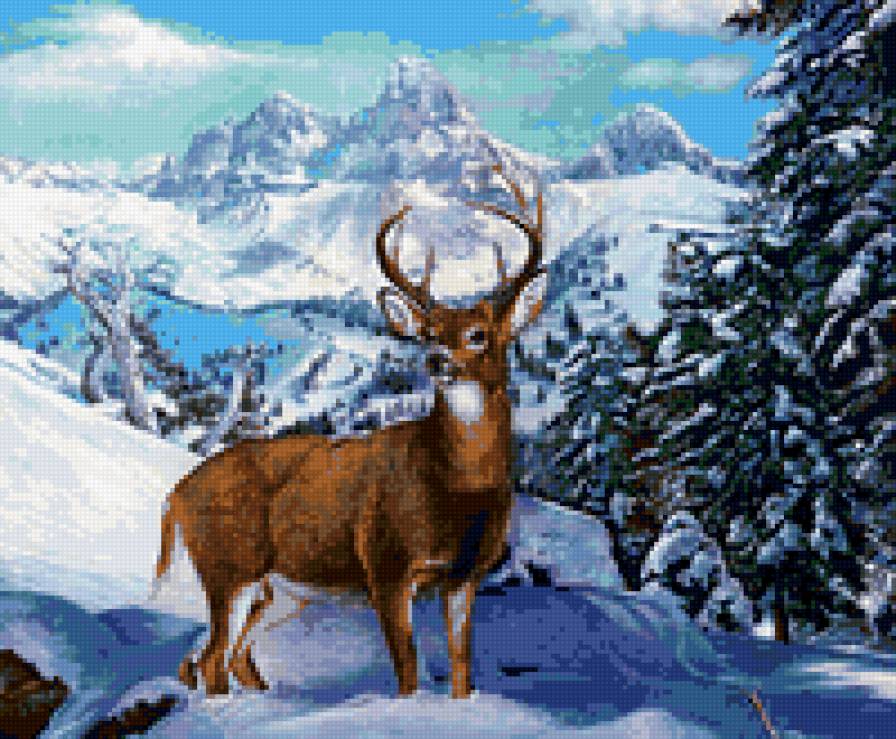 Благородный олень - зима, животные, живопись - предпросмотр