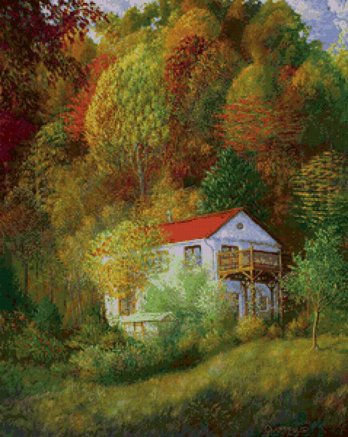 дом в лесу - осень, дома, природа, деревья, живопись - предпросмотр