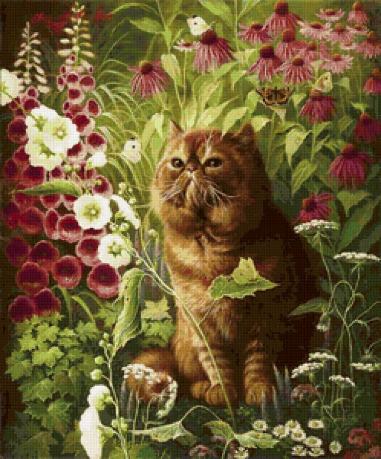 Кот и цветы - кот, живопись, пейзаж, животные, цветы - предпросмотр