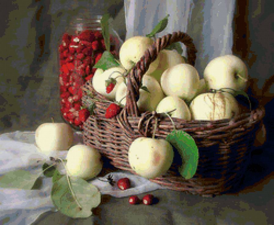 натюрморт - яблоки, натюрморт, корзина, ягоды - предпросмотр