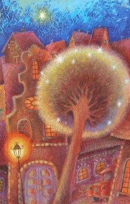 "зоряне дерево", худ. Вітановська Р. - фонари, дерево, ночь, пейзаж, дом - оригинал