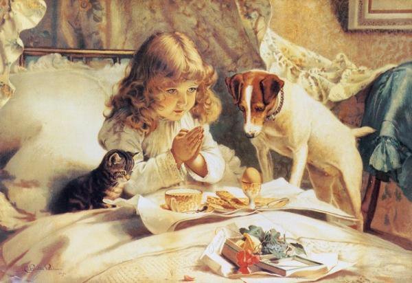 Молитва перед завтраком - девочка, щенок, ангел, ребенок, котенок, молитва, завтрак - оригинал