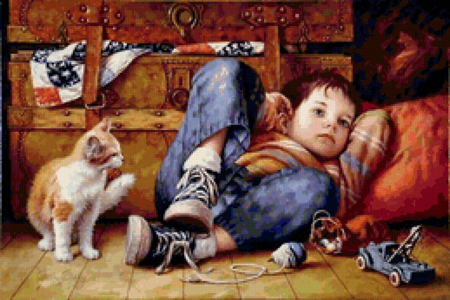Маленький мечтатель - ребенок, игрушки, дети, котенок, мальчик, животные - предпросмотр