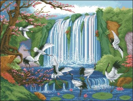 Журавли - природа, красота, водопад, птица, журавль, пейзаж - оригинал