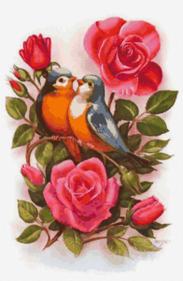 птички - цветы, картина, розы, любовь, природа, птицы - предпросмотр