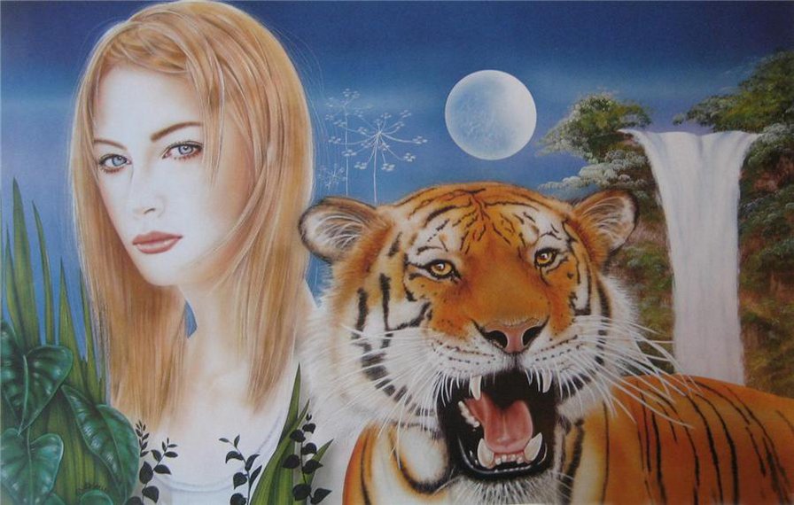 девушка и тигр - девушки, кошки, женщина, хищники, тигры, животные, образ, картина - оригинал
