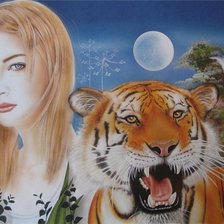 Оригинал схемы вышивки «девушка и тигр» (№70740)