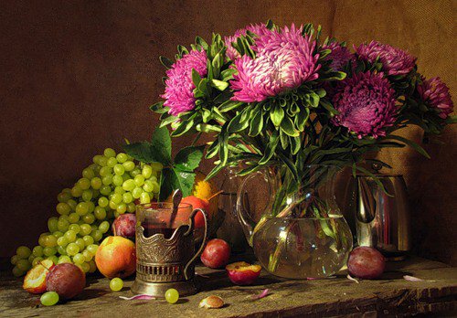 №70768 - букет, цветы, астры, натюрморт, фрукты - оригинал